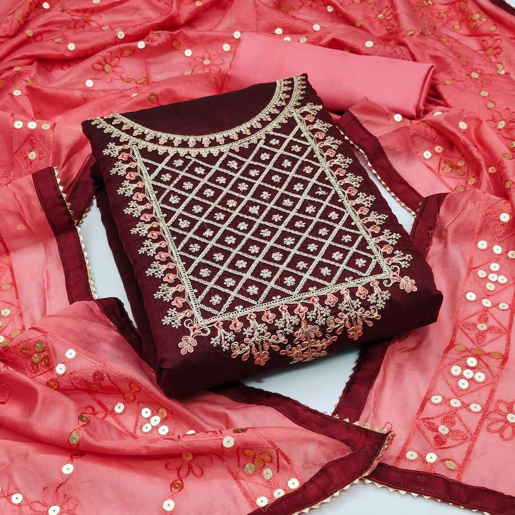Chanderi Silk With Codding Work Sequence Work