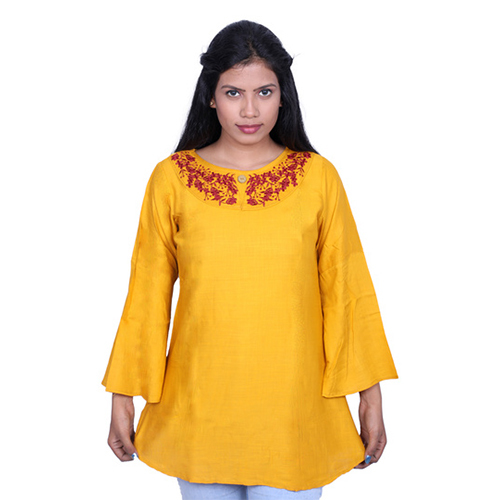 Ac1002-ac1003 Tunic Top With Embroidery - Rayon, Sizes S-xxxl, Colors Black, Teal Blue, Mustard, White, Light Green, Maroon, Pink, Red, Navy Blue - Breathable, Quick Dry, Cool Pass, Washable, 3/4 Sleeve Design