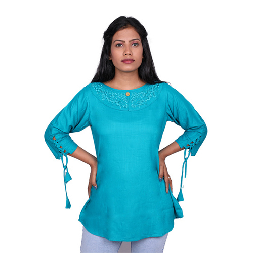 Ac1002-ac1003 Tunic Top With Embroidery - Rayon, Sizes S-xxxl, Colors Black, Teal Blue, Mustard, White, Light Green, Maroon, Pink, Red, Navy Blue - Breathable, Quick Dry, Cool Pass, Washable, 3/4 Sleeve Design