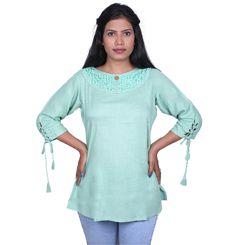 Ac1002-ac1003 Tunic Top With Embroidery - Rayon, Sizes S-xxxl, Colors Black, Teal Blue, Mustard, White, Light Green, Maroon, Pink, Red, Navy Blue - Breathable, Quick Dry, Cool Pass, Washable, 3/4 Sleeve Design