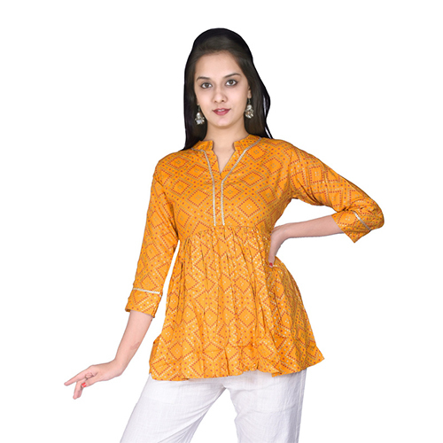 Ac1010 Bandhej Print Tunic Tops - Rayon, Available In Sizes S-xxxl, Colors: Peach, Navy Blue, Light Blue, Red, Yellow | Features: Breathable, Cool Dry, Quick Dry, Washable