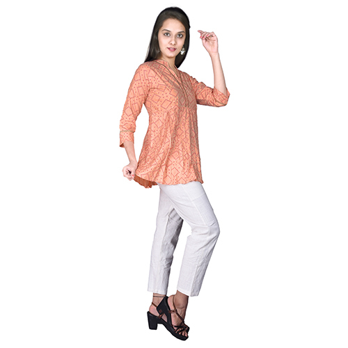 Ac1010 Bandhej Print Tunic Tops - Rayon, Available In Sizes S-xxxl, Colors: Peach, Navy Blue, Light Blue, Red, Yellow | Features: Breathable, Cool Dry, Quick Dry, Washable