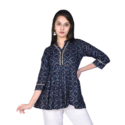 Ac1010 Bandhej Print Tunic Tops - Rayon, Available In Sizes S-xxxl, Colors: Peach, Navy Blue, Light Blue, Red, Yellow | Features: Breathable, Cool Dry, Quick Dry, Washable
