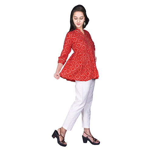 Ac1010 Bandhej Print Tunic Tops - Rayon, Available In Sizes S-xxxl, Colors: Peach, Navy Blue, Light Blue, Red, Yellow | Features: Breathable, Cool Dry, Quick Dry, Washable