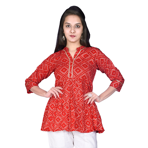 Ac1010 Bandhej Print Tunic Tops - Rayon, Available In Sizes S-xxxl, Colors: Peach, Navy Blue, Light Blue, Red, Yellow | Features: Breathable, Cool Dry, Quick Dry, Washable