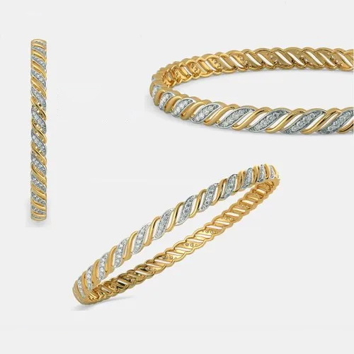 Diamond Studded Bangle - Yellow Gold, 2 Piece Set | Vs1 Clarity, Excellent Cut, Natural Round Diamonds