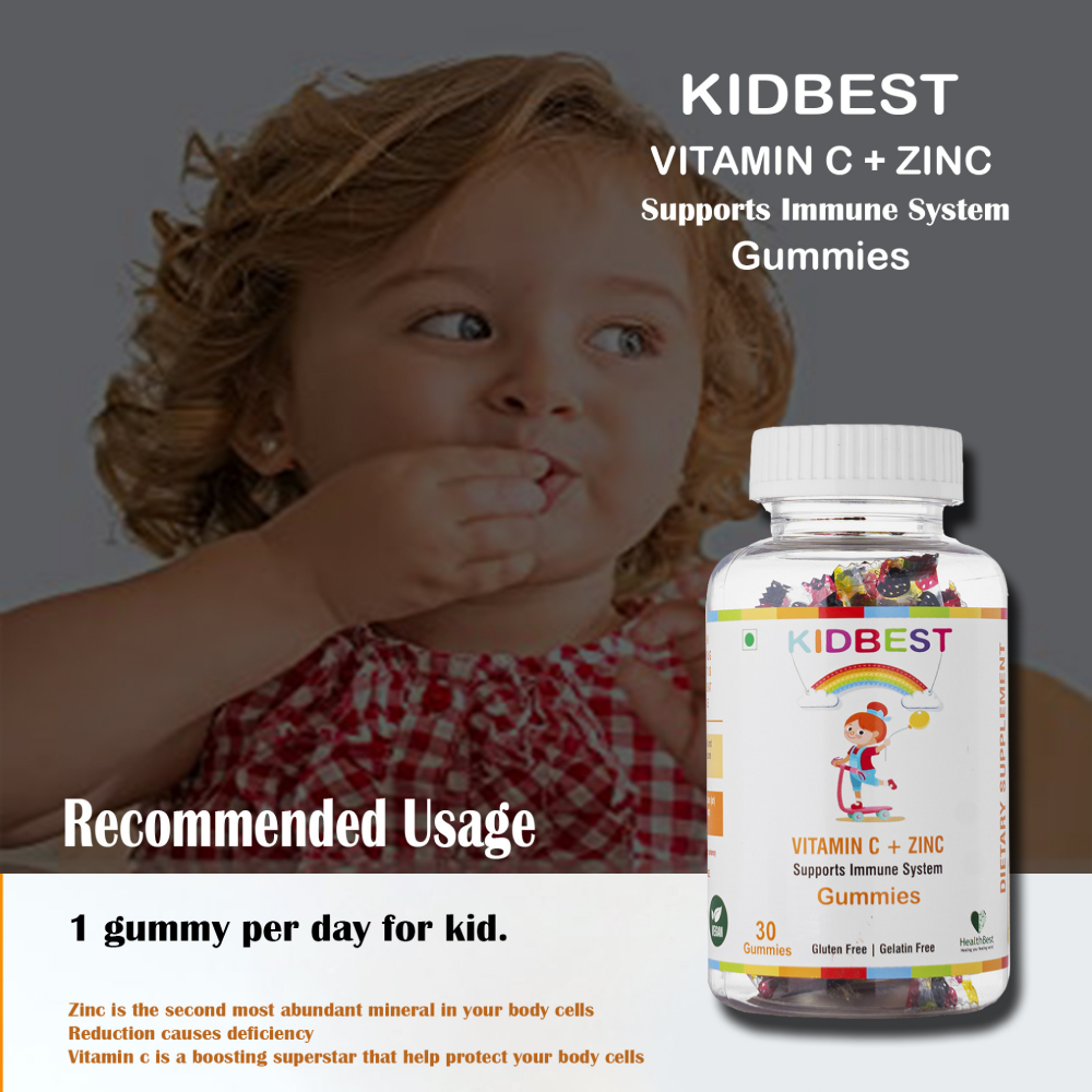 Kidbest Vitamin C + Zinc Gummies - Vegetarian, 1 Gummy Daily Dose For Immunity And Skin Health, Sugar-free, Gluten-free, 18-month Shelf Life, Convenient Orange Flavor For Kids