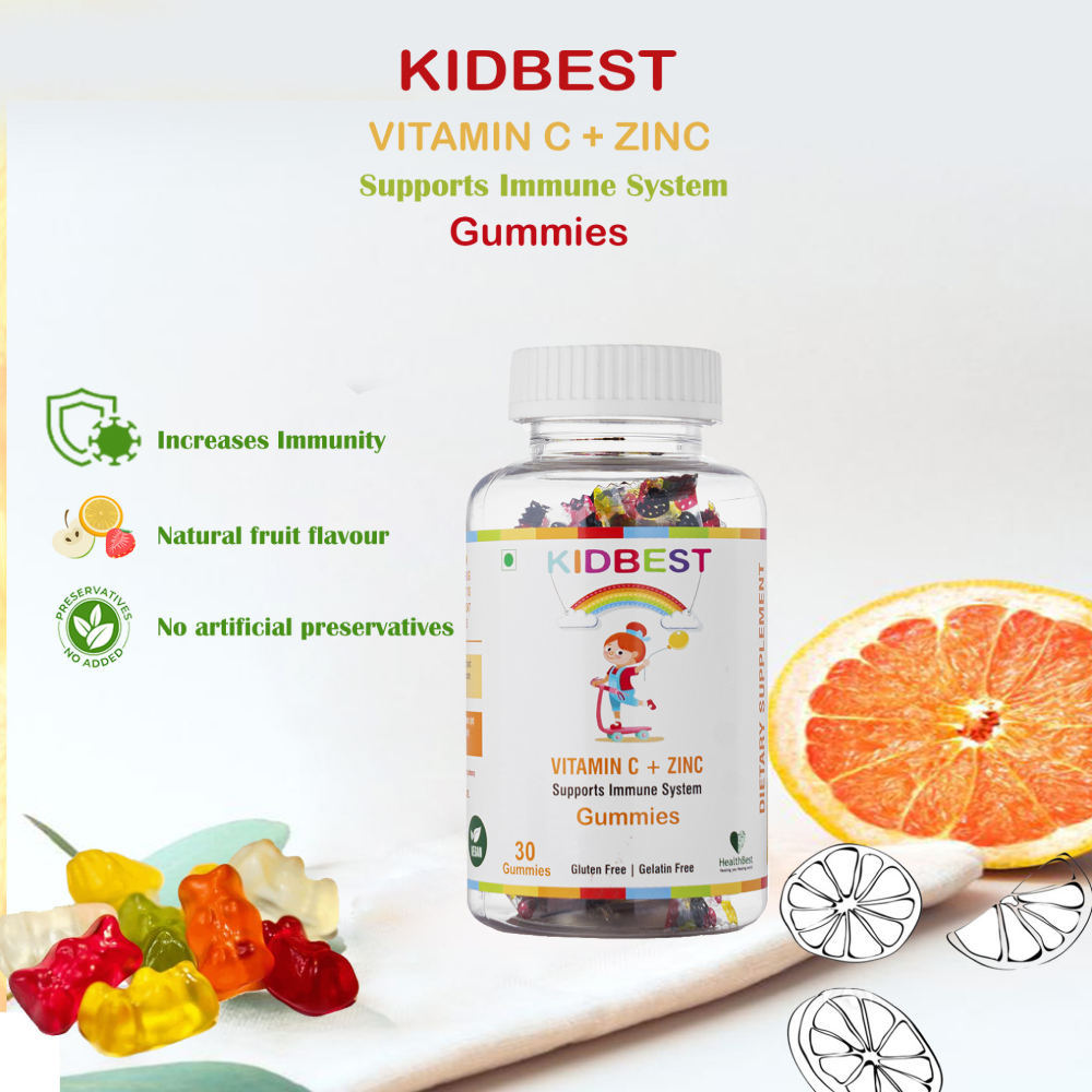 Kidbest Vitamin C + Zinc Gummies - Vegetarian, 1 Gummy Daily Dose For Immunity And Skin Health, Sugar-free, Gluten-free, 18-month Shelf Life, Convenient Orange Flavor For Kids