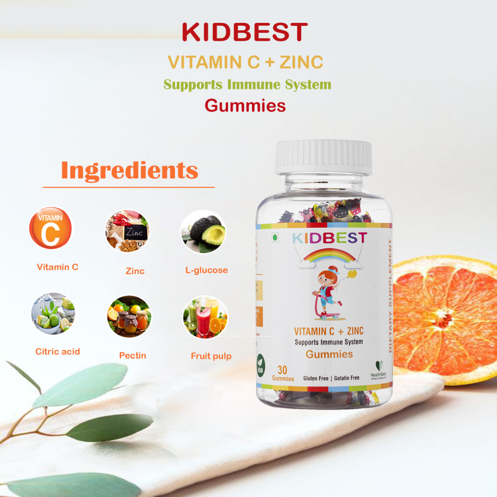 Kidbest Vitamin C + Zinc Gummies - Vegetarian, 1 Gummy Daily Dose For Immunity And Skin Health, Sugar-free, Gluten-free, 18-month Shelf Life, Convenient Orange Flavor For Kids