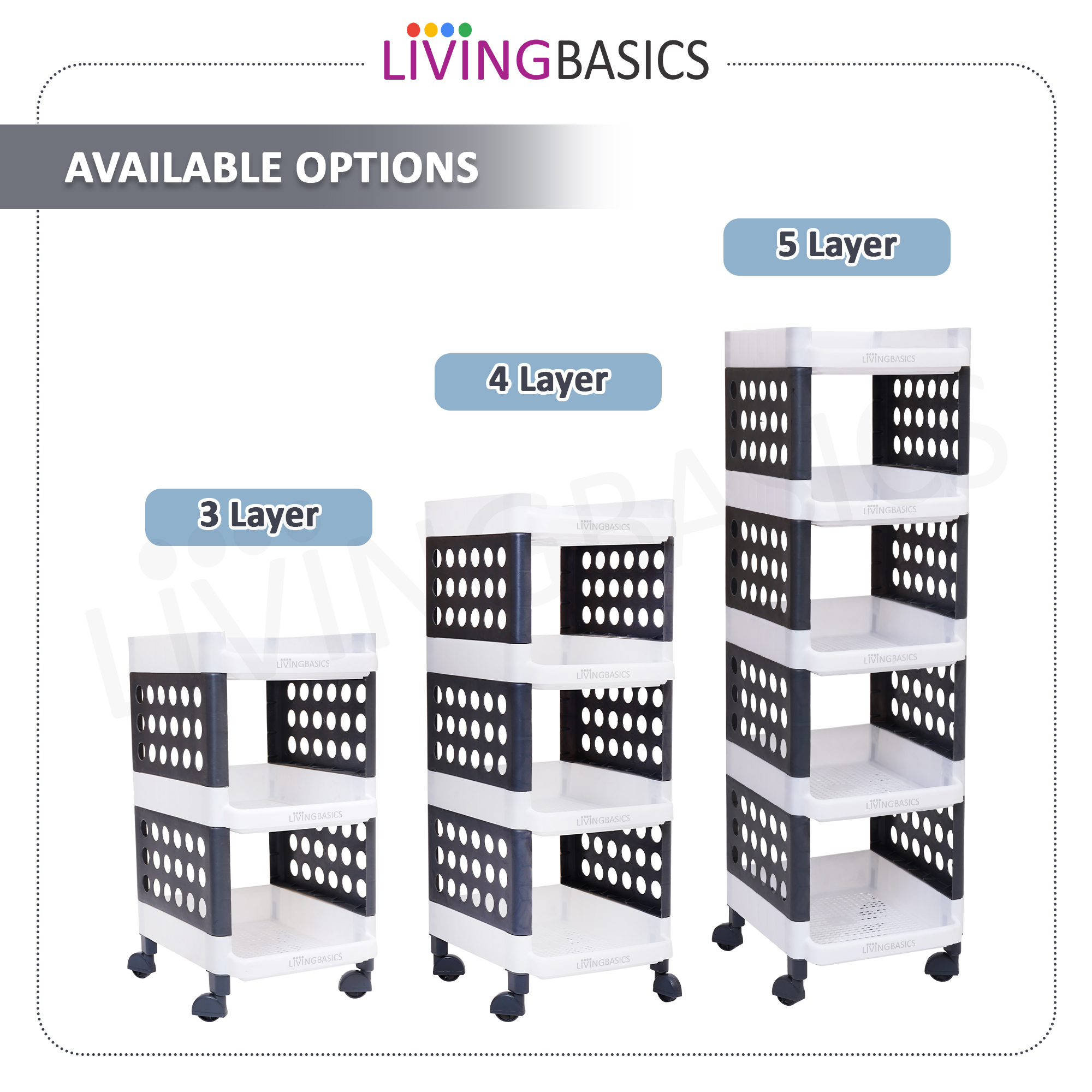 Indian Style 3 Layer Multipurpose Plastic Storage Stand Organizer With Wheels White Grey