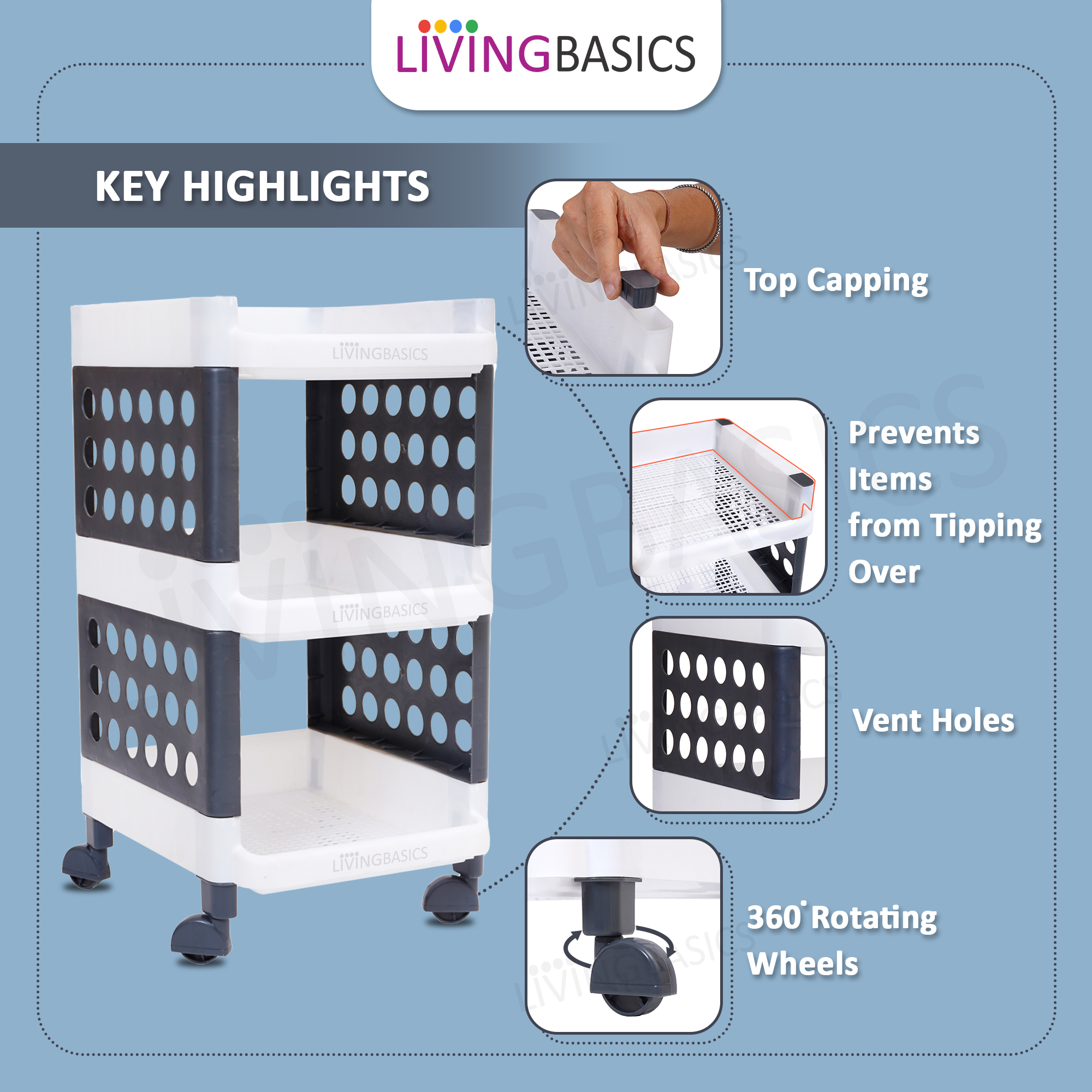 Indian Style 3 Layer Multipurpose Plastic Storage Stand Organizer With Wheels White Grey