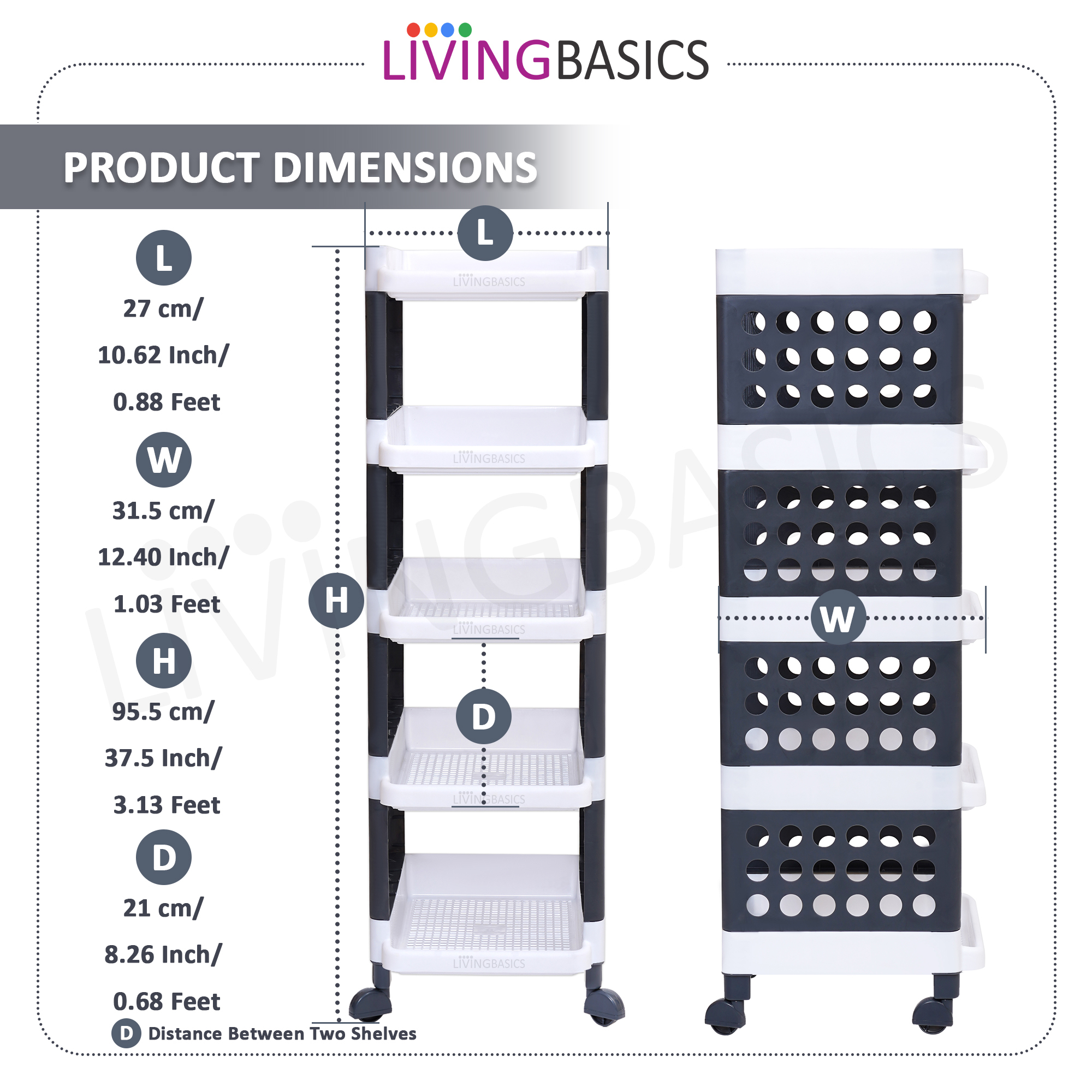 5-tier Rolling Utility Cart - Virgin Plastic, White & Grey | Multifunctional Storage Solution For Home & Office Spaces