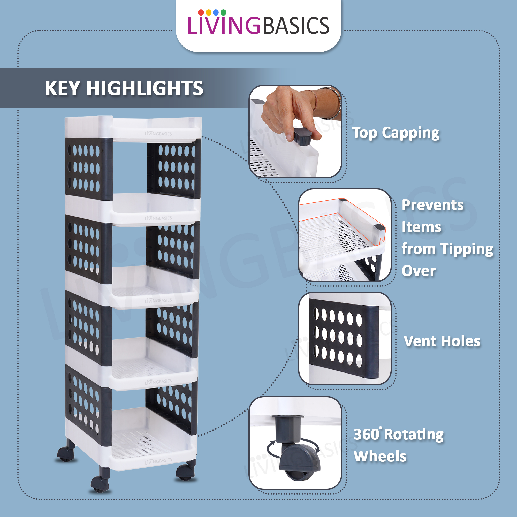 5-tier Rolling Utility Cart - Virgin Plastic, White & Grey | Multifunctional Storage Solution For Home & Office Spaces