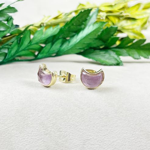 Earrings Amethyst Gemstone 6x8mm Crescent Sterling Silver Gold Vermeil Bezel Stud