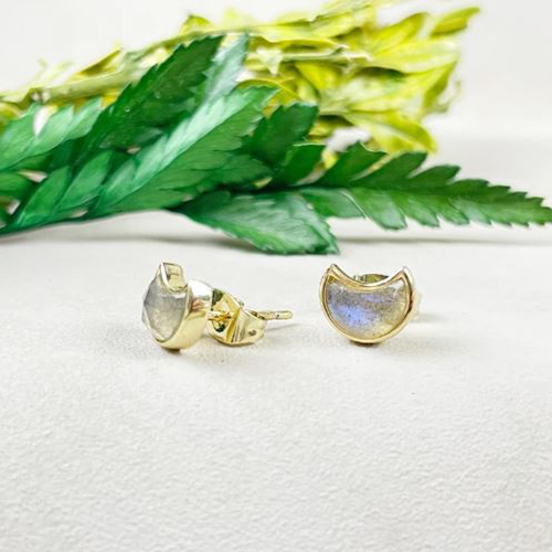 Earrings Labradorite Gemstone 6x8mm Crescent Sterling Silver Gold Vermeil Bezel Stud