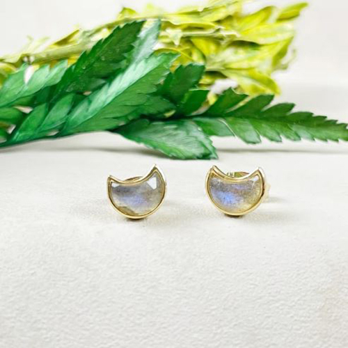 Earrings Labradorite Gemstone 6x8mm Crescent Sterling Silver Gold Vermeil Bezel Stud