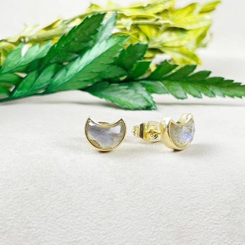 Earrings Labradorite Gemstone 6x8mm Crescent Sterling Silver Gold Vermeil Bezel Stud