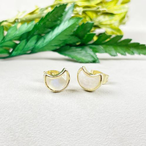 Earrings Rainbow Moonstone Gemstone 6x8mm Crescent Sterling Silver Gold Vermeil Bezel Stud