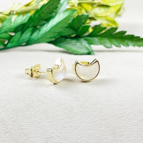 Earrings Rainbow Moonstone Gemstone 6x8mm Crescent Sterling Silver Gold Vermeil Bezel Stud