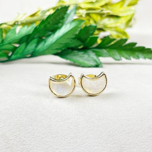 Earrings Rainbow Moonstone Gemstone 6x8mm Crescent Sterling Silver Gold Vermeil Bezel Stud