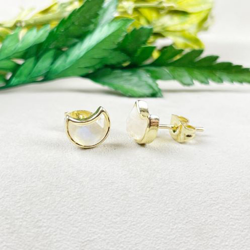 Earrings Rainbow Moonstone Gemstone 6x8mm Crescent Sterling Silver Gold Vermeil Bezel Stud