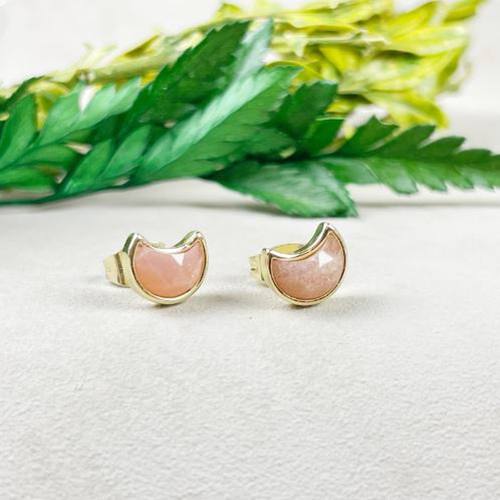 Earrings Sunstone Gemstone 6x8mm Crescent Sterling Silver Gold Vermeil Bezel Stud