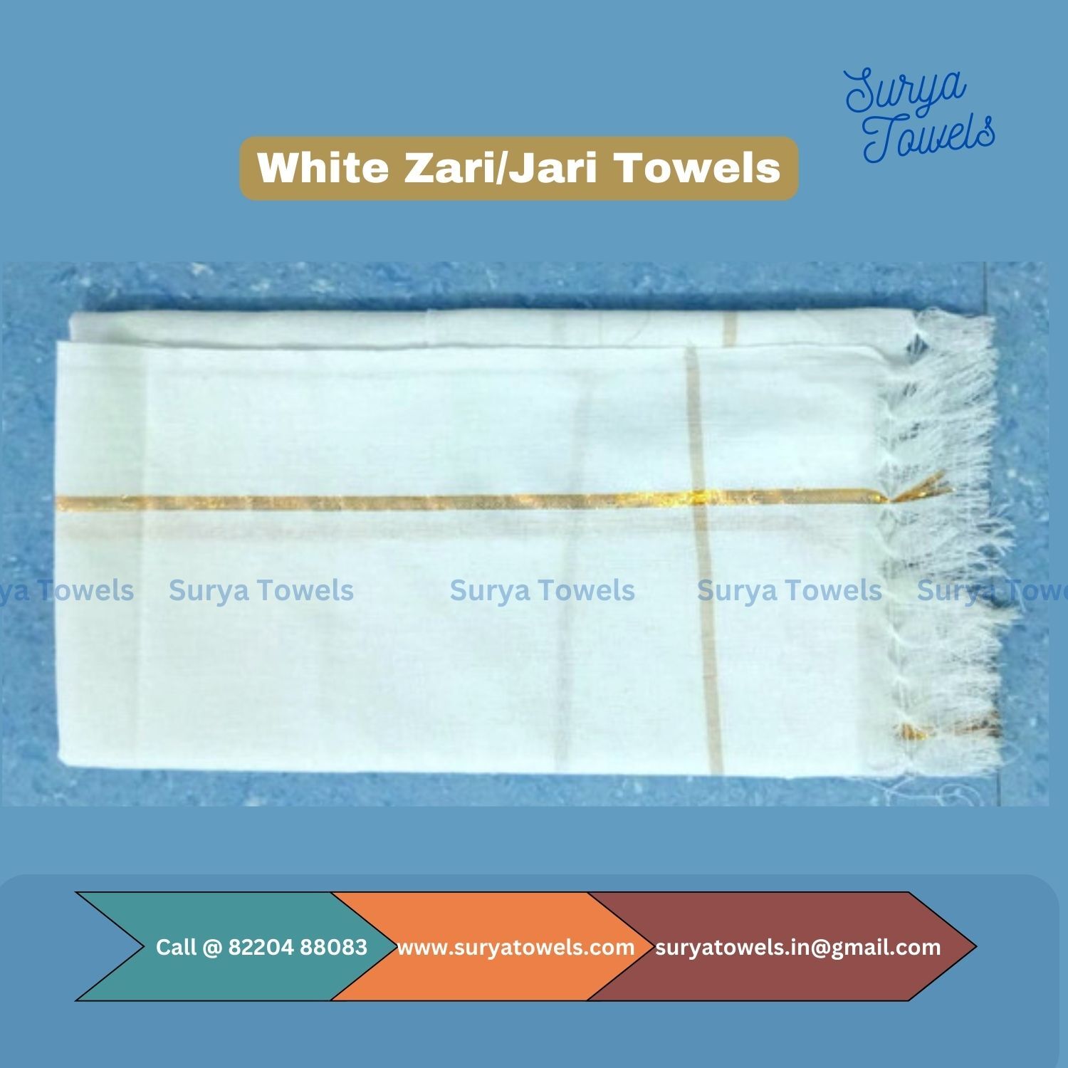 White Zari Towels 27 X 54 - Polycotton Rectangular, Customizable White Towel For Gifts & Felicitations, Quick Dry & High Absorbency