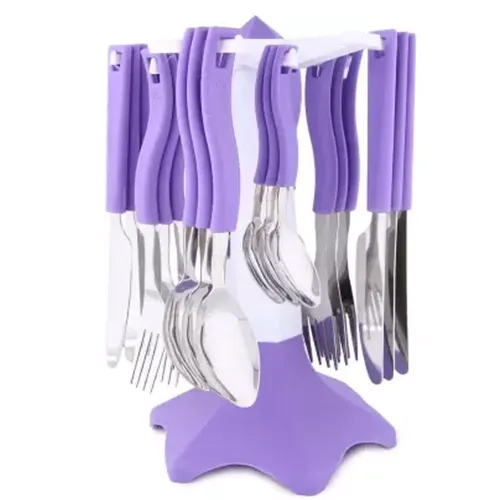 स्टैंड के साथ डाइनिंग टेबल के लिए पर्पल रूफस कटलरी सेट
