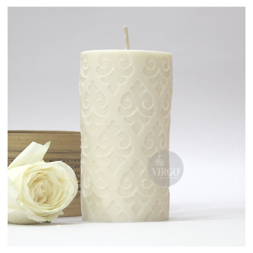 Embossed Motif Design Pillar Candle - Paraffin Wax, 7.5 X 7.5 X 13.33 Cms, Pink Color, Strawberry Aroma | Elegant, Handmade, Long Burning Time, Cotton Wick, Ideal For Home Decoration And Special Occasions