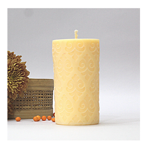 Embossed Motif Design Pillar Candle - Paraffin Wax, 7.5 X 7.5 X 13.33 Cms, Pink Color, Strawberry Aroma | Elegant, Handmade, Long Burning Time, Cotton Wick, Ideal For Home Decoration And Special Occasions