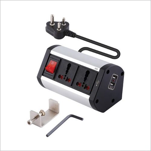 Black And Silver Mx Premium Power Console 16 Amp 2 Universal Sockets With 2 Usb Charging Port Extension Board With Removable Desk Clamp Power Strip Master Switch 1.5m 3 Pin Plug Extension Cord (Mx-4177 1.5mtr)