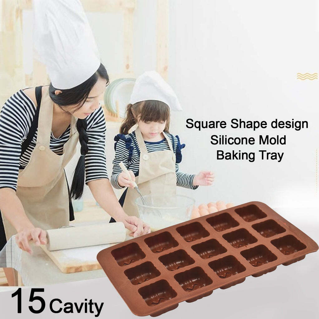 15 Cavity Square Shape Design Silicone Mold Baking Tray (4632) - Silicone Material, 19x12x3 Cm Size, Brown Color | Versatile For Baking And Dessert Making