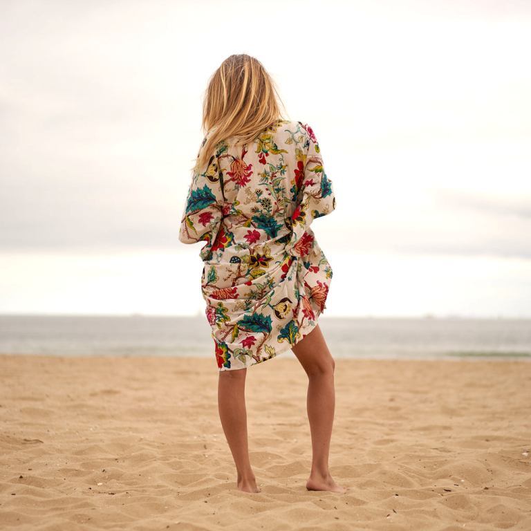 Printed Long Kaftan - 100% Cotton, Length 48-50 Inches, Color White | Vibrant Frida Khalo Print, Adjustable Drawstring Waist, Short Sleeves