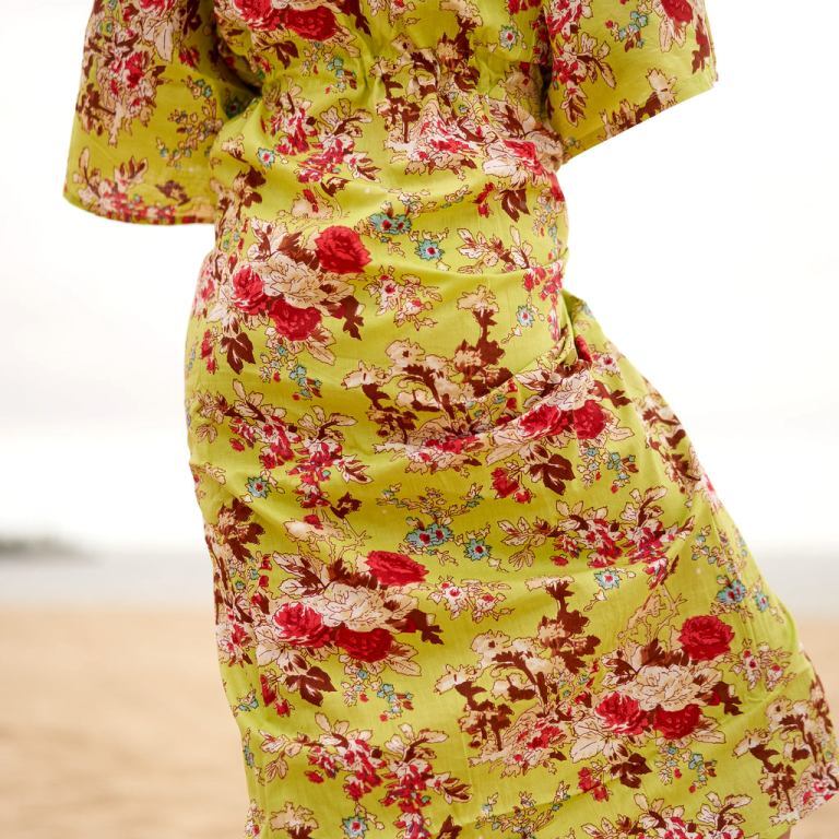 Women Kaftan Long Printed Kaftan - Cotton, Length 48-50 Inches, Yellow Floral Print, Adjustable Drawstring Waist, Short Sleeves, All-season Wear