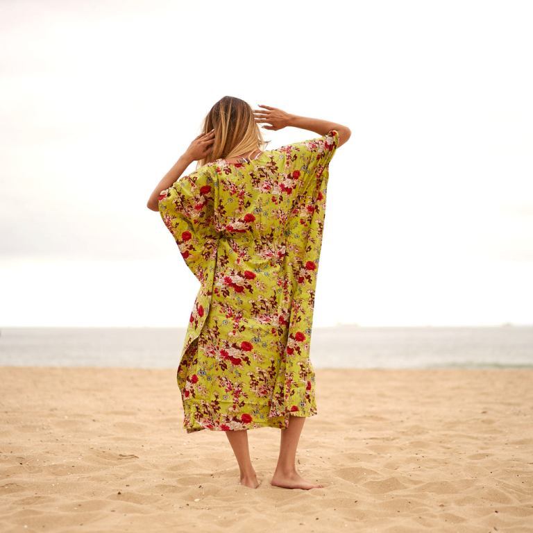 Women Kaftan Long Printed Kaftan - Cotton, Length 48-50 Inches, Yellow Floral Print, Adjustable Drawstring Waist, Short Sleeves, All-season Wear