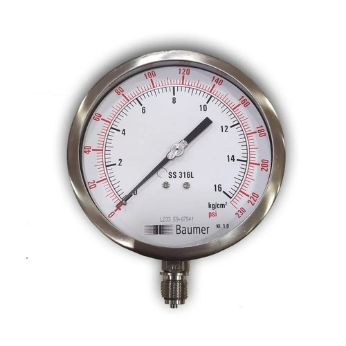 Baumer Pressure Gauge - Aisi 304/316 Stainless Steel, 100-250 Mm Dial Size, Ip65 Protection, 0-300a C Process Temperature, 1/2" Bsp Connection, Tig Argon Arc Welded Joints