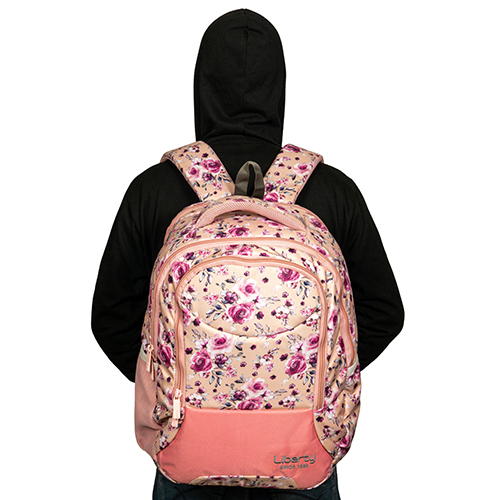 Floral Printed School Bag - Nylon Material, 15x12 Inches , Pink Color With Zip Closure