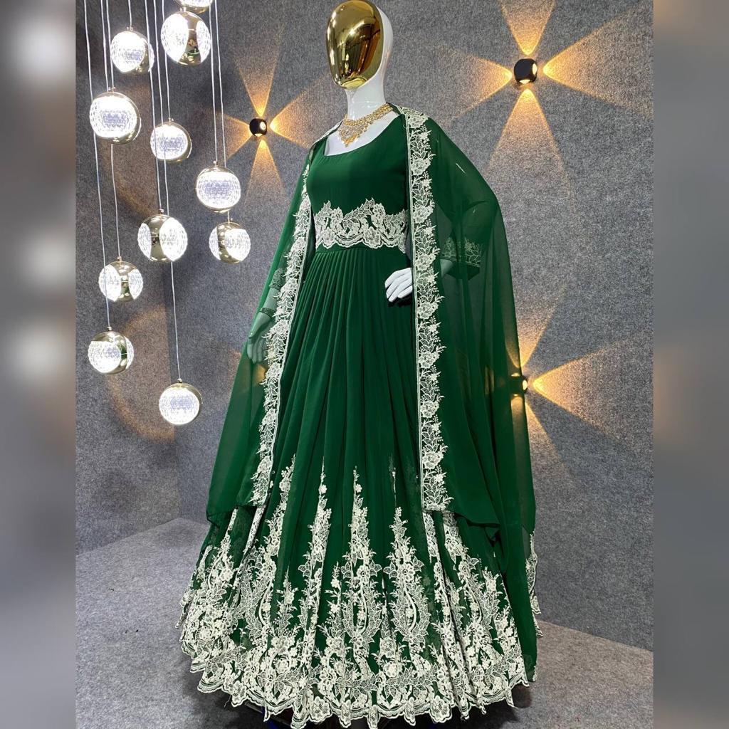 Fox Georgette Gown - Multi Needle Embroidery, Full Sleeves, Green & Red Colors | Comfortable Fit, Elegant Design, Stylish Appeal