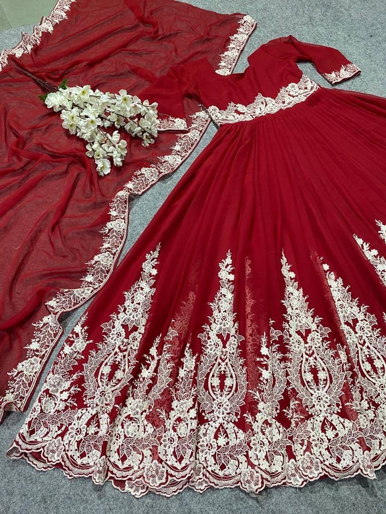 Fox Georgette Gown - Multi Needle Embroidery, Full Sleeves, Green & Red Colors | Comfortable Fit, Elegant Design, Stylish Appeal