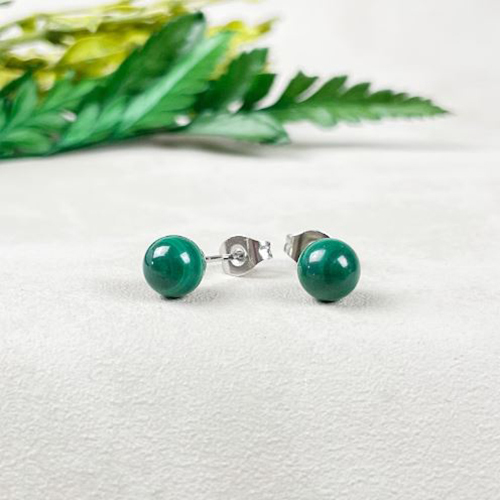 Earrings Malachite Gemstone 6mm Round Shape 925 Sterling Silver Stud