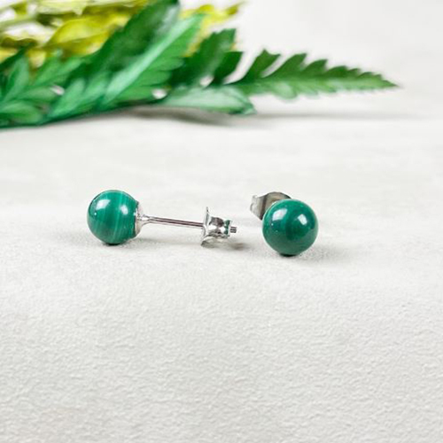 Earrings Malachite Gemstone 6mm Round Shape 925 Sterling Silver Stud