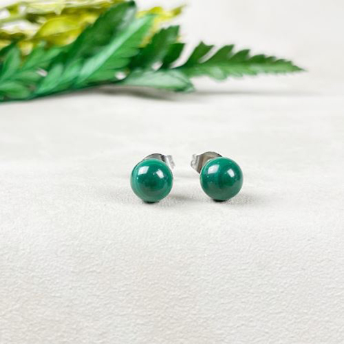 Earrings Malachite Gemstone 6mm Round Shape 925 Sterling Silver Stud