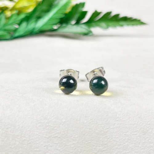 Earrings Moss Agate Gemstone 6mm Round Shape 925 Sterling Silver Stud