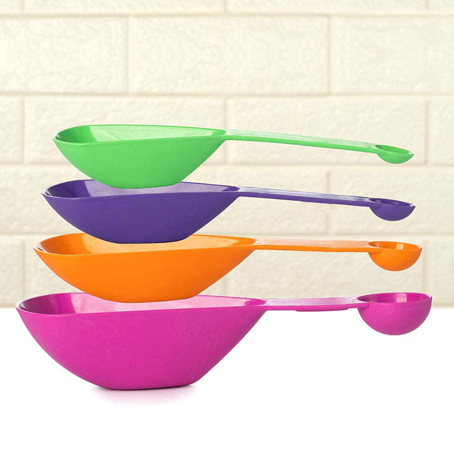 Plastic Double Side Measuring Cups And Spoons For Kitchen (Pack Of 4) - Plastic Material, 24x8x5 Cm Size, Multi/assorted Color | Ideal For Accurate Measurements