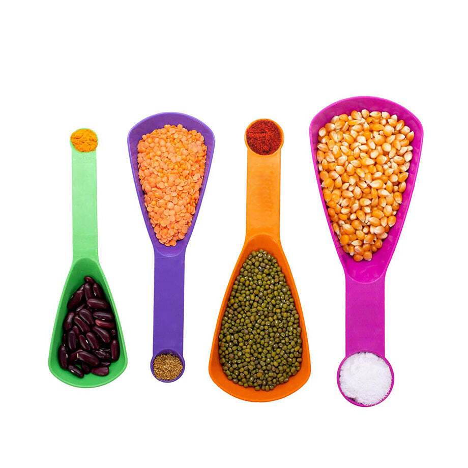 Plastic Double Side Measuring Cups And Spoons For Kitchen (Pack Of 4) - Plastic Material, 24x8x5 Cm Size, Multi/assorted Color | Ideal For Accurate Measurements