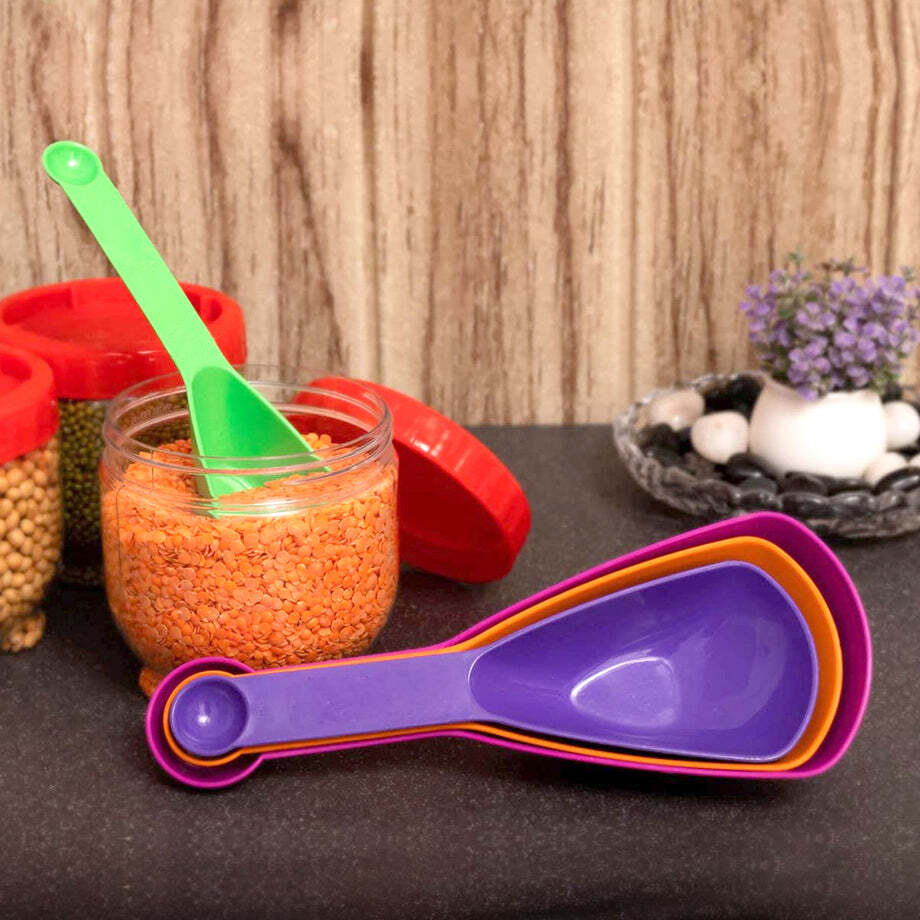 Plastic Double Side Measuring Cups And Spoons For Kitchen (Pack Of 4) - Plastic Material, 24x8x5 Cm Size, Multi/assorted Color | Ideal For Accurate Measurements