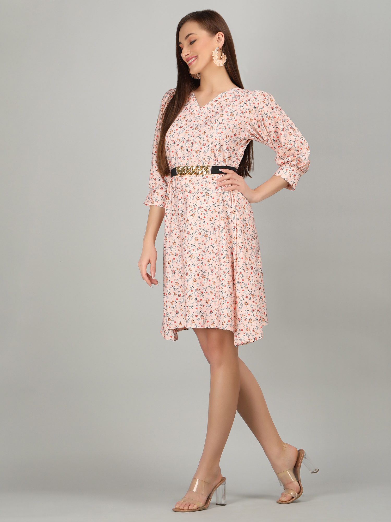 Designer Tunic - Flower Print With Chain Belt, 36 Length | Printed Design, Washable Fabric, Western Dress Style, Unique Sleeve Style