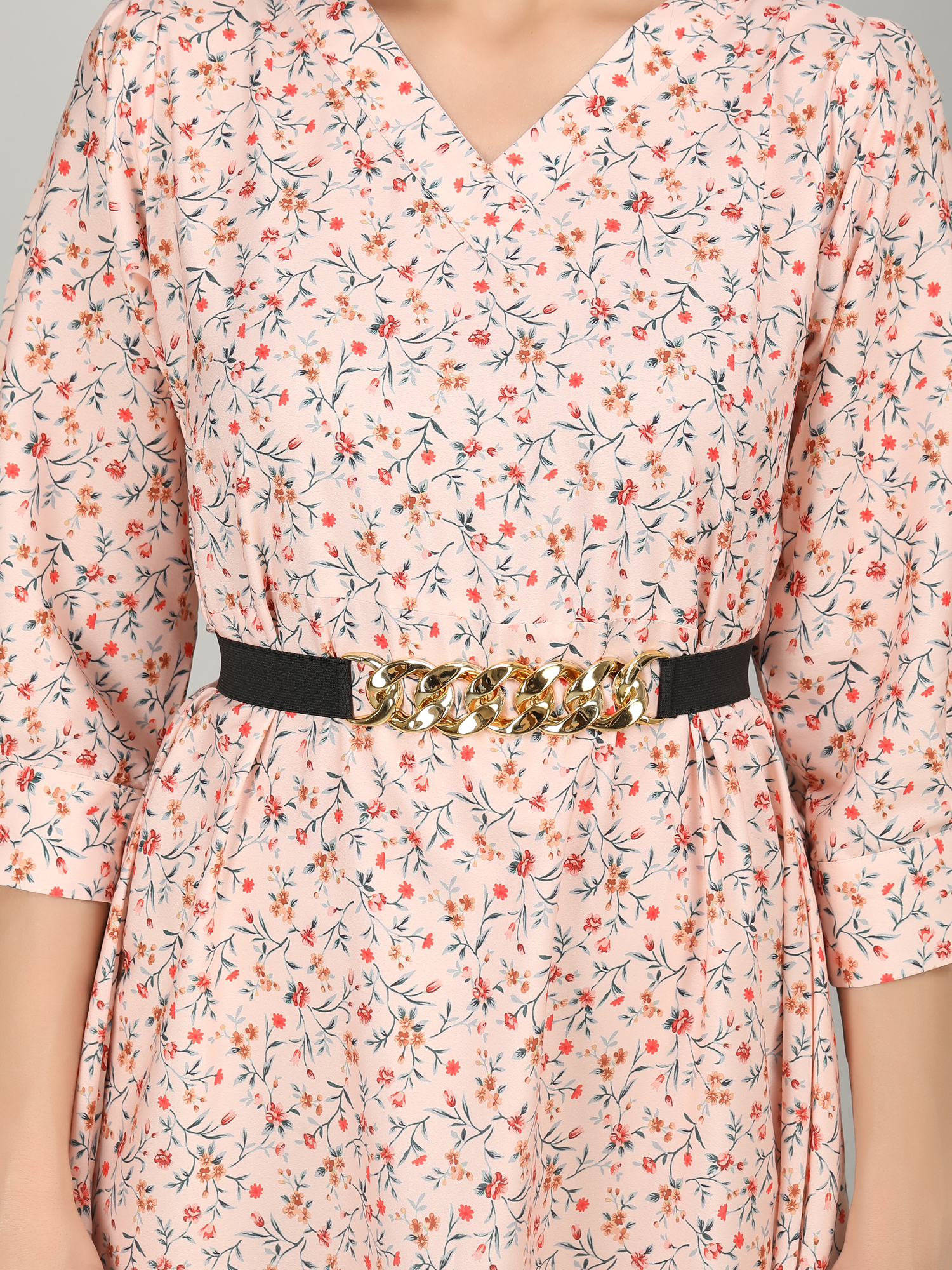 Designer Tunic - Flower Print With Chain Belt, 36 Length | Printed Design, Washable Fabric, Western Dress Style, Unique Sleeve Style