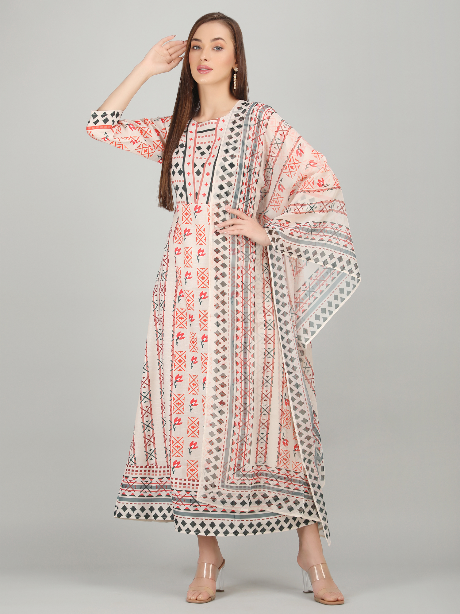 Washable Ladies Kurti With Dupatta Cream Print A Line
