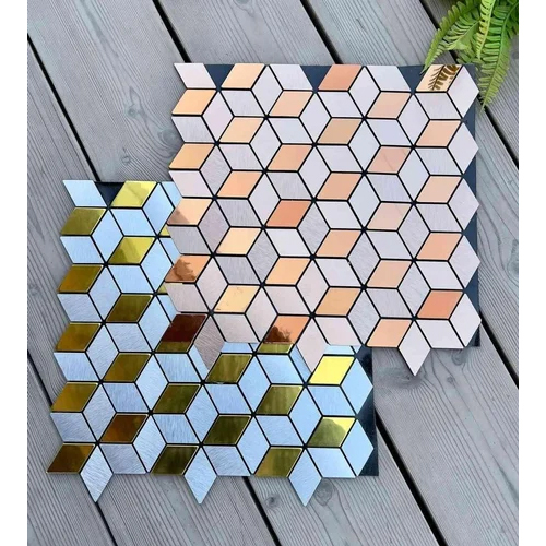 Glass Mosaic Tiles - 300mm x 300mm, Glossy Finish in Gold, Silver, Copper | 3D Geometric Pattern, Durable, Easy to Clean, Polished Surface
